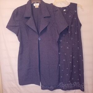 Lisa Jo Vintage 90s Dress Set Blue Floral Embroidered Blazer 2 Piece Size 13/14